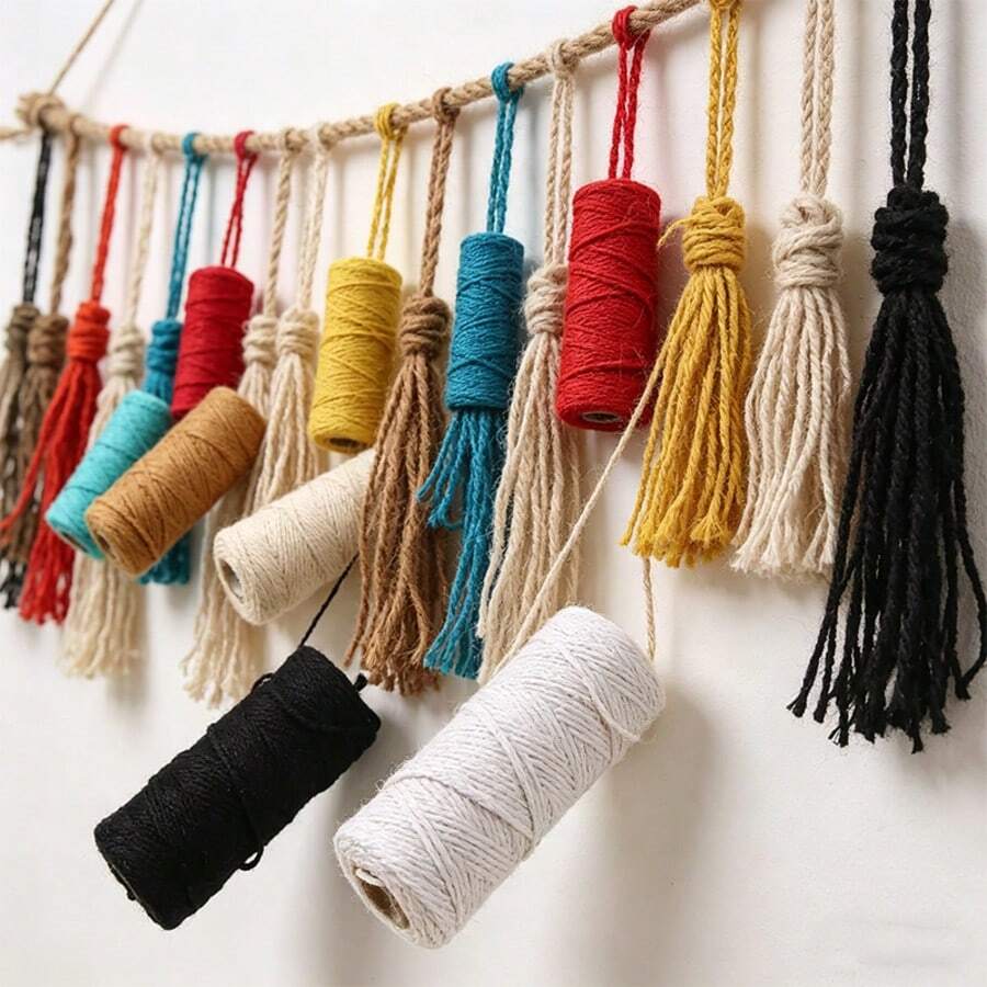 Colorful Linen Rope DIY Handmade Woven Wall Hanging Tassel Decor! Multicolor Yarn In Red, Orange, Yellow, Green, White Tones Tassels, Easy Handmade Packaging! Colorful DIY Linen Rope Is Durable And Wear-Resistant, Suitable For Home Decor And Creative Handicrafts - White 1pc - View 1