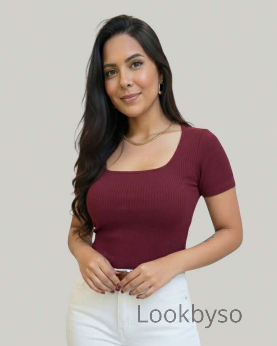 Women's Ribbed Blouse With Square Neckline And Short Sleeves, Casual Everyday Top - Burgundy - View 1