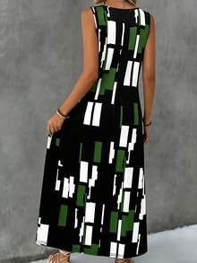 Plus Size Pocket Full Print Summer Vacation Casual Daily Sleeveless Geometric Print Dress, Spring/Summer Elegant - Green - View 8