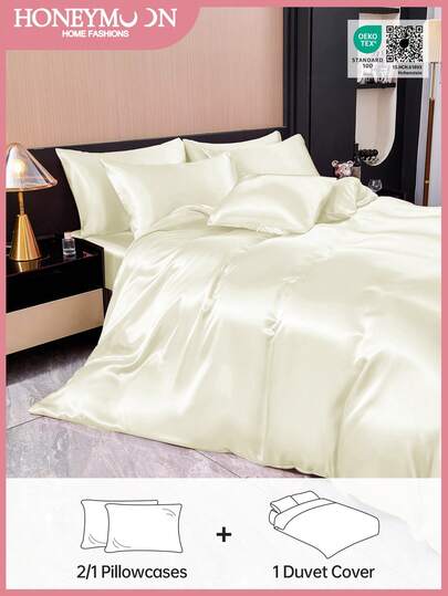 Bộ ga trải giường và vỏ gối satin cho tuần trăng mật (2 món = 1 ga trải giường + 1 vỏ gối; 3 món = 1 ga trải giường + 2 vỏ gối) - Ga trải giường và vỏ gối bằng vải satin bóng, không kèm ruột chăn (không có chăn), mềm mại và mịn màng như lụa, có thể giặt máy - Kích thước T F Q K phù hợp cho gia đình và ký túc xá, đạt chứng nhận Oeko-Tex, màu trắng nhạt.