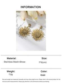 OOQ 1 Pair Handmade Raffia Straw Sunflower Pendant Earrings, Sweet Elegant Beach Holiday Versatile Earrings, Suitable For Any Holiday Gift To Friends (Handmade Raffia Weaving, Random Direction And Shape) - Khaki - View 6