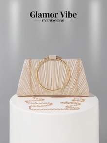Glamor Vibe香槟色缎面褶皱手拿包，配圆形金属手柄，简约女士正式派对手提包，可装手机、口红、粉饼、钥匙等，适合派对、婚礼、舞会、正式场合、节日礼物，与亮片服装完美搭配。 - 香檳色 - 查看 6