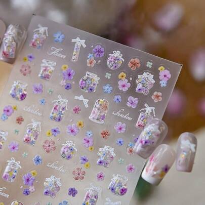 1 件可爱闪光花朵瓶美甲贴纸，自粘激光花朵美甲装饰，5D 立体美甲配件，DIY 美甲用品