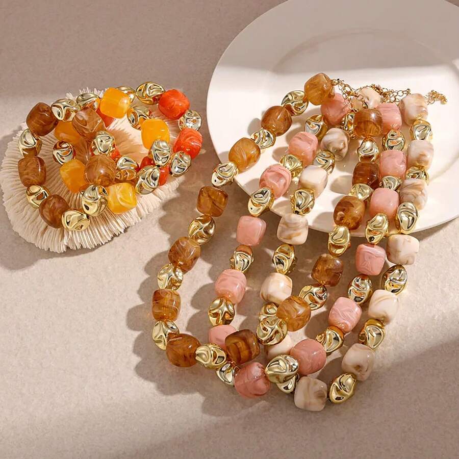 Handmade Resin Beaded Necklace And Bracelet| Colorful Boho Statement Choker, Summer Vacation Jewelry - Multicolor - View 1