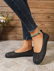 2026 Spring/Autumn Flat Hollow Slip-On Fishnet Mary Jane Shoes, Plus Size Women - Black - View 4