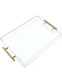 1pc Acrylic Transparent Tray With Gold Handle, Leak-Proof Serving Tray, Decorative Tray, Suitable For Coffee Table, Counter, Snacks, Breakfast, Vanity - Clear - View 4