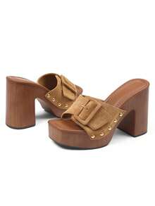 Women's Platform Chunky Heels Sandals Open Toe High Block Heeled Slipper Dress Casual Beach Vacation Slip On Slides Mules - Kaki Da Lộn - Xem 11