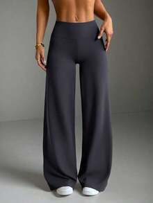 Pantalones acampanados ajustados de unicolor elegantes y modernos para el trabajo y el deporte para mujer, primavera - Gris Oscuro - Ver 4