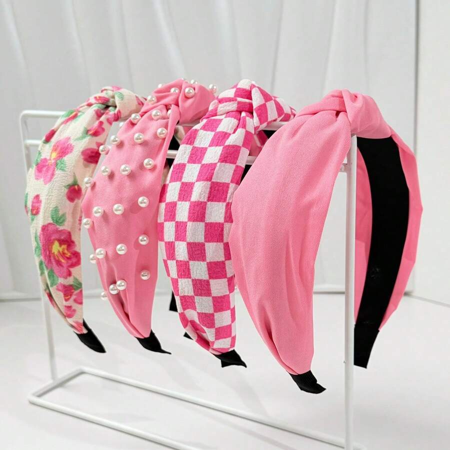 Bandeau large en tissu de couleur unie, perle, damier, floral noué, style élégant Y2K, disponible en rose, bordeaux, noir, jaune, vert, bleu, beige - Multicolore - Voir 1