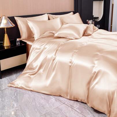 Bộ ga trải giường và vỏ gối satin cho tuần trăng mật (2 món = 1 ga trải giường + 1 vỏ gối; 3 món = 1 ga trải giường + 2 vỏ gối) - Ga trải giường và vỏ gối bằng vải satin bóng, không kèm ruột chăn (không có chăn), mềm mại và mịn màng như lụa, có thể giặt máy - Kích thước T F Q K phù hợp cho gia đình và ký túc xá, đạt chứng nhận Oeko-Tex, màu Champagne