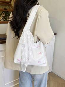 Túi đeo vai bằng nylon màu trơn đa năng mới, khăn choàng ren, trang trí nơ, kiểu dáng tối giản thường ngày. - trắng - Xem 12