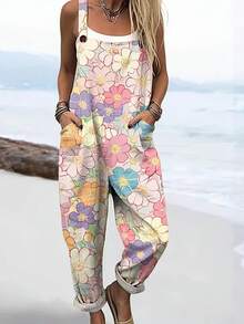 Large Flower Print Women's Adjustable Strap Jumpsuit, Polyester Fiber Fabric, Lightweight And Breathable, Women's Clothing, Regular Women's Clothing, Women's Jumpsuits And Rompers, Women's Jumpsuit, Women's Plus Size Jumpsuit - Nhiều màu - Xem 2