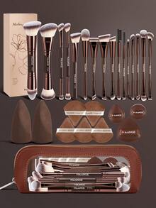 MAANGE 16/17/22/27/38pcs Professional Makeup Brush Set, Includes Dual-Ended Travel Makeup Brushes + Storage Bag, Containing Foundation Brush, Face Brush, Highlighter Brush, Powder Brush, Blush Brush, Concealer Brush, Contour Brush, Nose Brush, Eye Shadow Brush, Eyeliner Brush, Eyebrow Brush And Detail Brush, Suitable For Home Or Travel Use, Applicable For Liquid, Cream And Powder Products, Can Be Used For Stippling, Blending And Facial Care, An Ideal Gift For Women And Girls. - Coffee Brown - View 18
