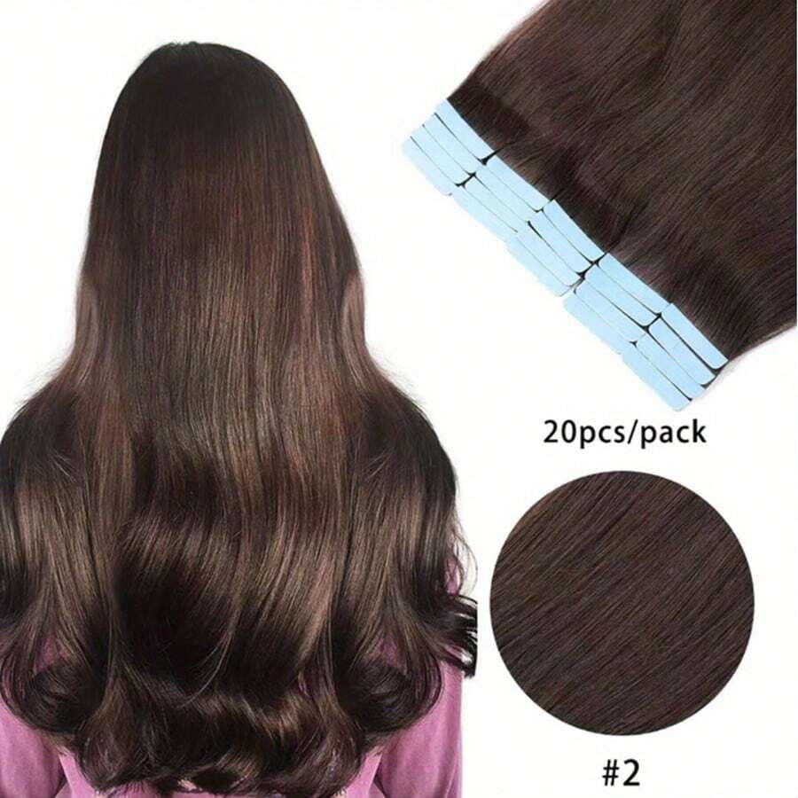 Tóc nối dạng băng dính màu nâu đậm, tóc thật Remy, 20 lọn, thẳng, không đường nối, vô hình.