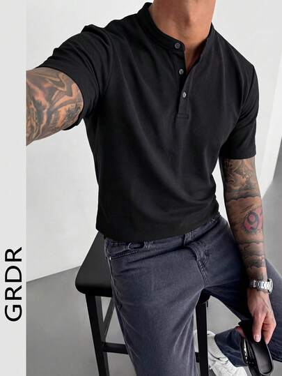 GRDR Camisa polo de cuello mao con botones, nueva camiseta casual de manga corta para hombre en verano
