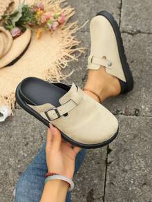 New Retro Multi-Color Birkenstocks Thick Sole Buckle Slippers, Black Sole Contrast Color, Suitable For Home, All Seasons - Beige - View 6