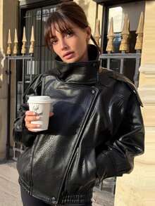 Chaqueta de cuero negra de textura de litchi, minimalista y versátil, nueva llegada de moda para mujer en otoño/primavera - Negro - Ver 5