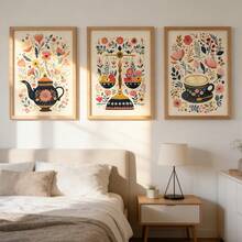 Rahmenlose 3-teilige Set, Kunstmalerei im pastoralen Stil für Tee und Kaffee Wanddekoration, Retro botanischer Blumen Retro-Muster Leinwandposter, botanische Küchendekoration, Café-Dekoration, ideales Geschenk für Kaffeeliebhaber, geeignet für Küche, Café, Esszimmer, Wohnzimmer usw. - Abstrakt - Übersicht 5