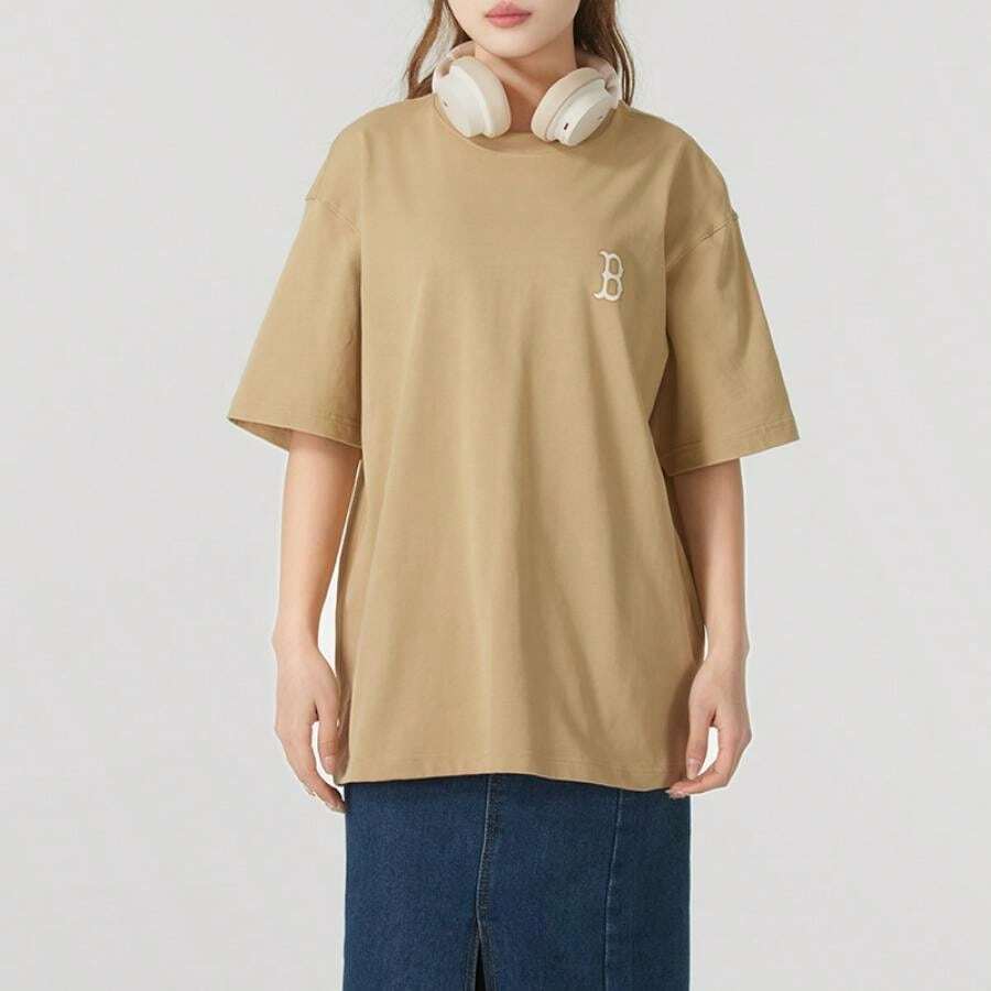 男女通用经典字母图案大码奢华宽松柔软短袖T恤，休闲户外运动款 - 淺米色 - 查看 1