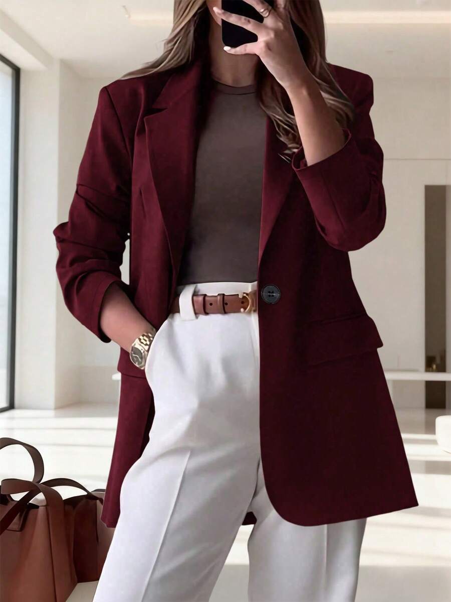 Women's Solid Color Blazer Jacket, Fashionable Pockets & Lapel, Loose Fit For Office & Casual Wear, Lightweight Version Suitable For Spring & Summer - Burgundy - View 1