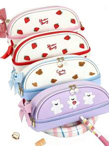 1 Bộ Hộp Bút Nữ Tính Hình Nơ & Quả Cherry, Hộp Văn Phòng Phẩm Tối Giản, Bộ Đồ Dùng Học Tập Dễ Thương Cho Học Sinh Bao Gồm Thước Dây Hình Dâu Tây, Tẩy, Bút - Bộ hộp bút hình dâu tây - Xem 5