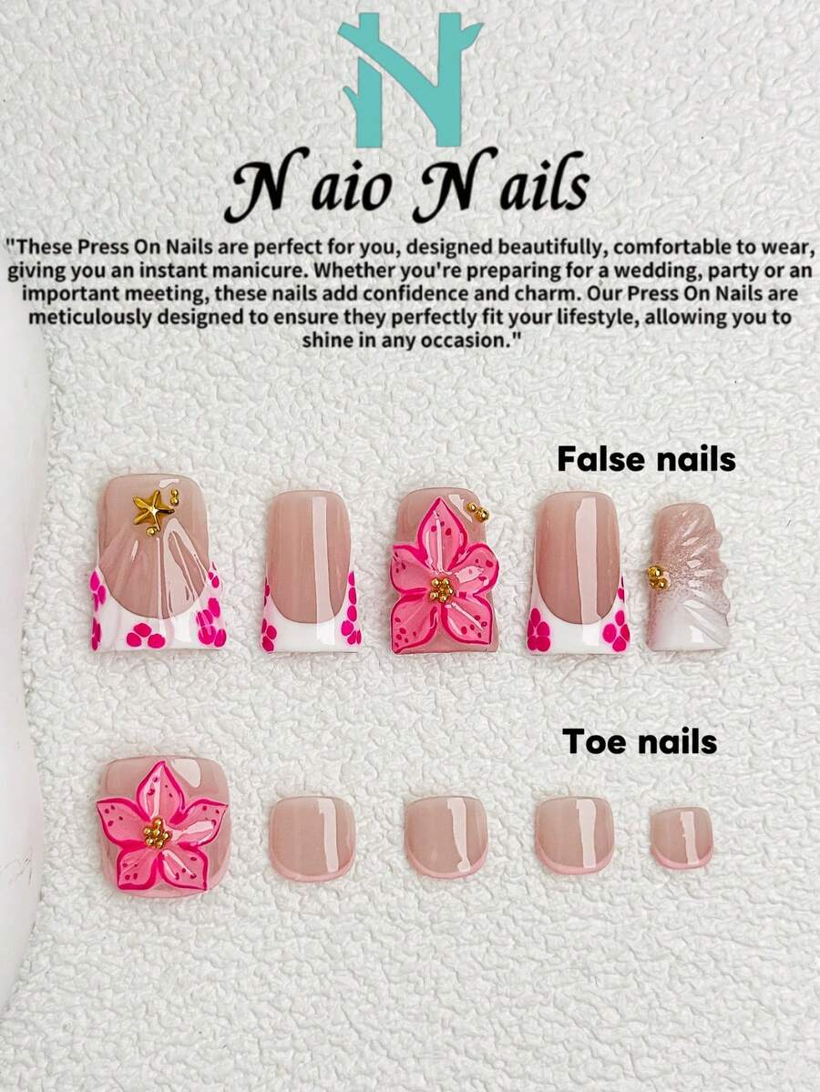NAIO Conjunto de 10 unhas postiças artesanais de verão com opção de unhas dos pés combinando, pontas quadradas curtas e estilo "pato", base nude inspirada nos anos 2000 com francesinha branca e delicado desenho floral rosa, detalhes de flores em 3D, textura de gel ondulado, pingentes de estrela-do-mar e aplicações de miçangas, acabamento brilhante, para mulheres e meninas, perfeito para festas, encontros e uso diário, inclui kit de aplicação, ótimo presente para amantes de nail art. - Multicolorido - Ver 1