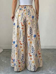 Plus Size Women Floral Print Wide Leg Bohemian Style Elastic Waist Pants Vacation - Apricot - View 3