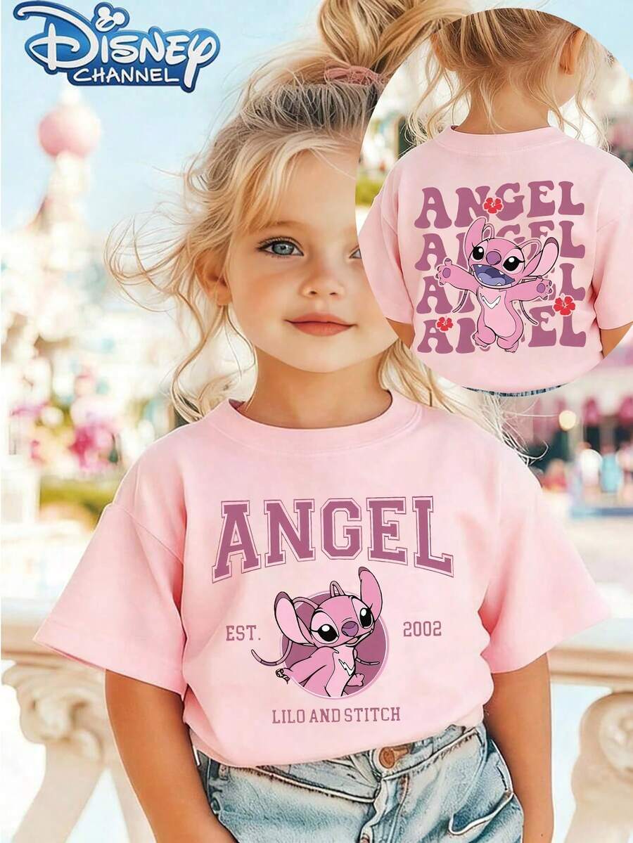 Disney Stitch And Angel Hug One Cute Fresh And Fashionable Round Neck T-Shirt, Made Of 100 Cotton, Is An Ideal Choice For Daily Wear, Vacation Leisure, Outdoor Exploration, School Life, And Shopping Trips - Hồng - Xem 1