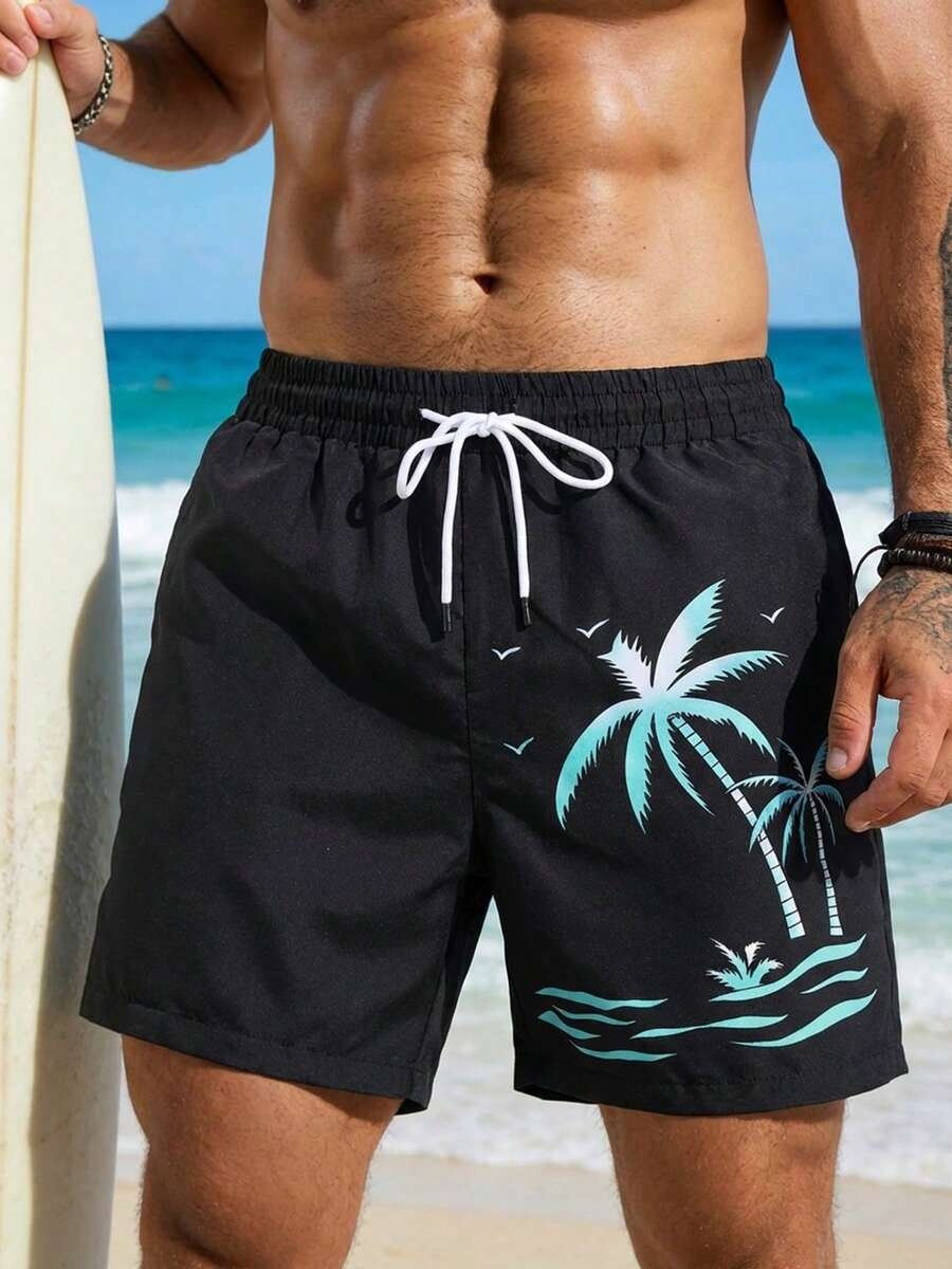 1 pieza Pantalones cortos de playa minimalistas para hombres con estampado de palmera y ola en negro, cintura con cordón, tela ligera y transpirable, adecuados para viajes a la isla, fiestas en la piscina, deportes acuáticos y uso casual - Negro - Ver 1