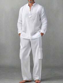 2pc Set Men's Casual Stand Collar Button Front Long Sleeve Loose Breathable Lightweight Shirt And Solid Color Pants, Practical Outfit For Outdoor Commute, Spring & Summer,Fall Clothes, Cozy Outfits - White - View 1