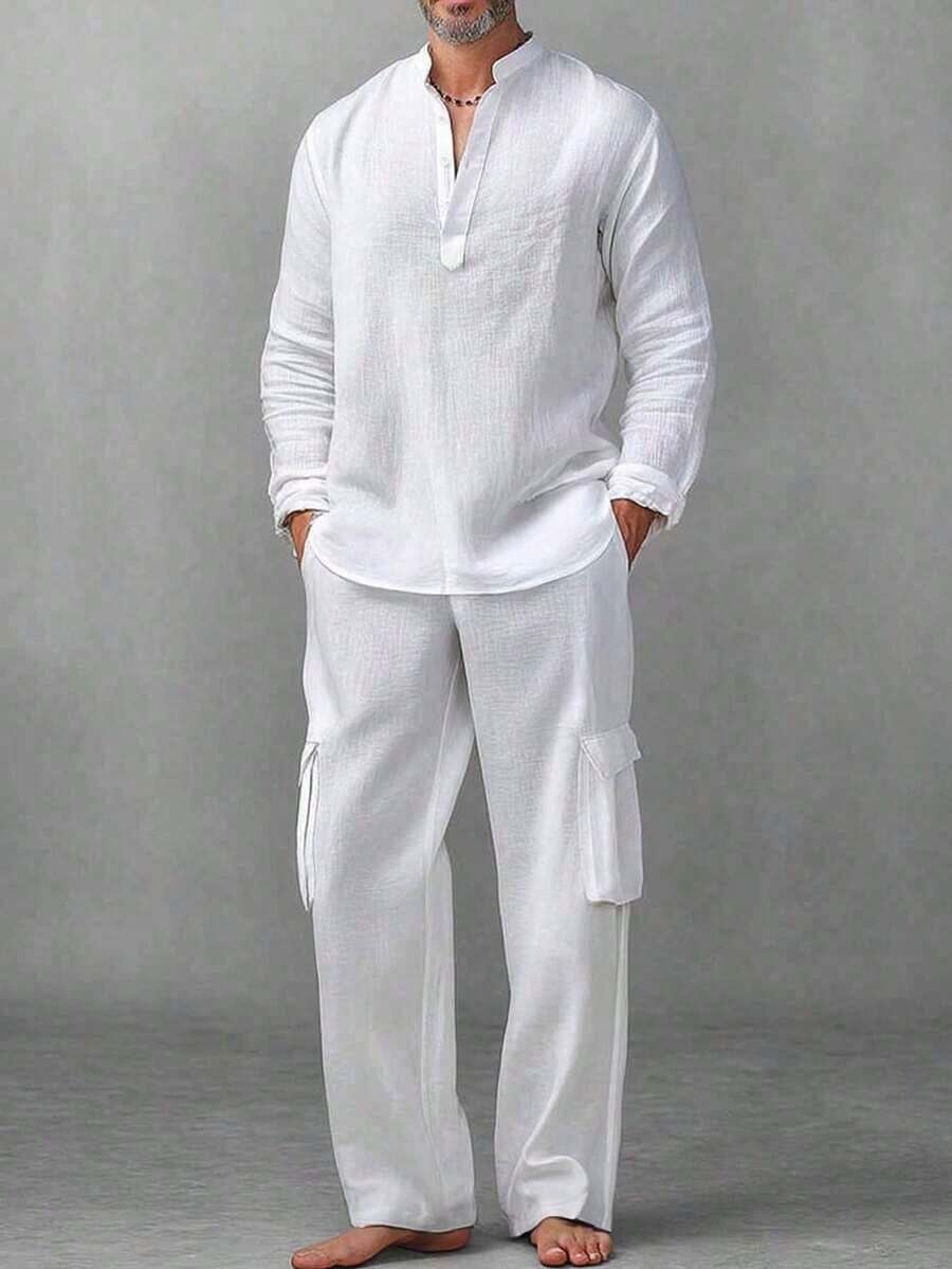 2pc Set Men's Casual Stand Collar Button Front Long Sleeve Loose Breathable Lightweight Shirt And Solid Color Pants, Practical Outfit For Outdoor Commute, Spring & Summer,Fall Clothes, Cozy Outfits - White - View 1