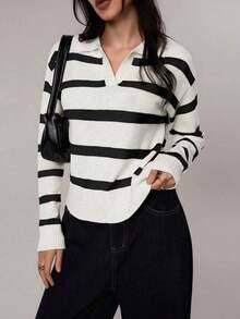 FOR BEAUTY Spring/Summer New Retro Striped Contrast Color Half-Zip Polo Collar Long Sleeve Knit Sweater, Women, Fashionable Loose Vintage Style Graduation Season Knit Top Pullover, New Year Women Clothing Casual - 和黑色 - 查看 6