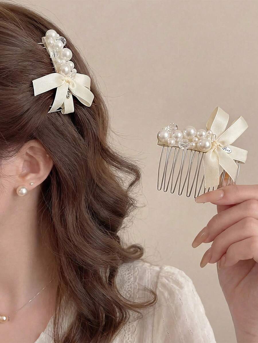 1pc Pearl Bow Hair Comb, Princess Style Voluminous Updo Hair Accessory - Multicolor - View 1