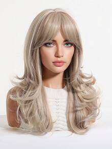 20 Inch Two Color Brown And Blonde Wig With Bangs Body Wave Wig For Women, Machine Made Heat Resistant Synthetic Wig, Natural Looking Daily Wear Wig For Office & Party - Brown - View 5