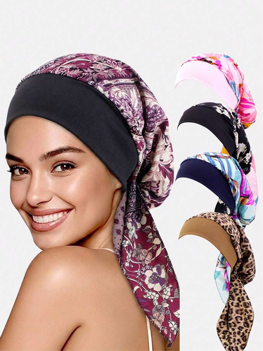 1pc Women's Elastic Wide-Brim Ribbon Sleep Cap, Headscarf Hat, Hair Care Bonnet, Suitable For Daily Use - Multicolor - View 1