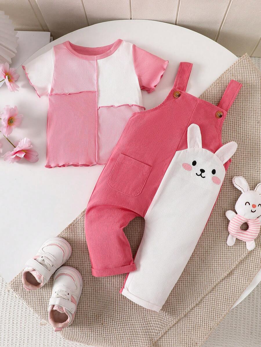 2pcs/Set Baby Girls' Cute Cartoon 3D Rabbit Embroidery Corduroy Patchwork Short Sleeve T-Shirt And Bib Pants Set, Summer - Hot Pink - View 1