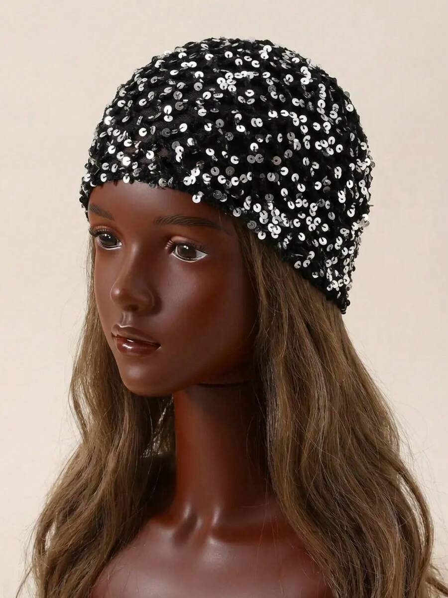 1pc Women's Fashion Hollow Crochet Sequin Beanie, Suitable For Everyday Wear,Hijab,Moños,Hijabs For Women,Diademas Mujer,Men Hats,Gorras Para Mujer,Ganchos Para El Cabello,Accesorios Para El Pelo,Hats,Lazos Para El Cabello,Cap For Women,Hat,Bucket Hat,Gorros,Gorro,Beanie Women,Beanies For Women,Christmas - 黑色 - 查看 1