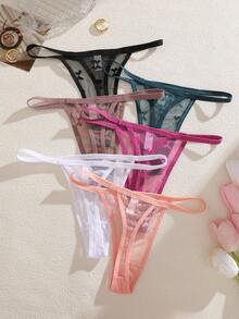 6pcs/Pack Women's Multicolor Lace Butterfly Pattern Drawstring Low-Waist Sexy Thong Panties - Multicolor - View 2