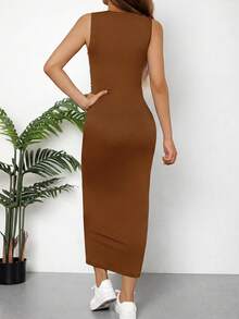 Vestido de punto de unicolor sin mangas con ajuste ceñido y diseño fruncido para adolescentes (YY590) - Marrón - Ver 2