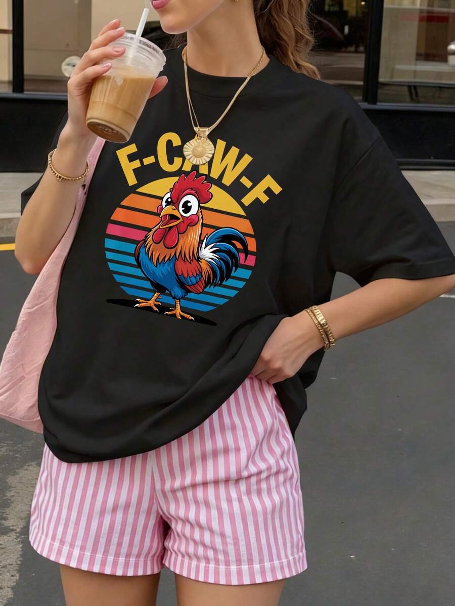 Black Oversized T-shirt, 1 pcs F-Caw-F Rooster Retro Sunburst Design 180g Pure Heavy 100% Polyester T Shirt - Negro - Ver 1