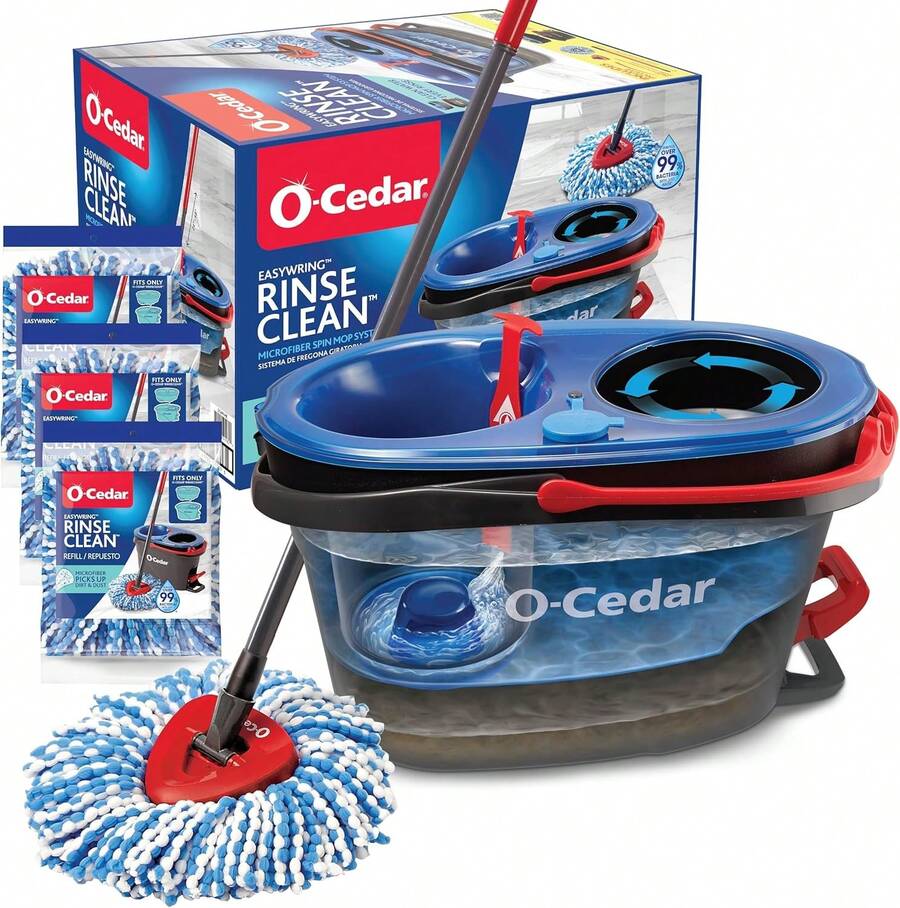 O-Cedar RinseClean Spin Mop & Bucket System + 2 Extra Mop Heads |   Clean With Water |   Removes 99% Of Bacteria - Rinseclean旋轉拖把和水桶 - 查看 1