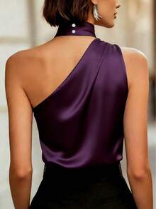Women's Elegant Off-Shoulder Sleeveless Top, Loose Fit, Satin Fabric, Asymmetric Ruched Design, Suitable For Evening Dates, Valentine's Day, Spring/Summer Casual Occasions - Purple - View 3