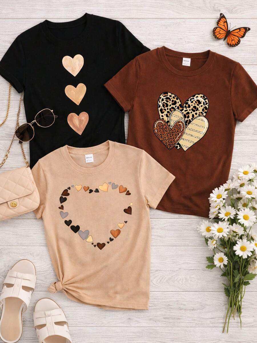 Kit 3 Blusas Femininas 100% Algodão Estampadas – Girassol, Margarida e Corações Moda Casual - 362-PRETA/MARROM/ BEGE - Visão 1
