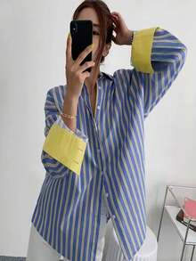 Plus Size Striped Button Down Shirt, Casual Color Block Cuff Long Sleeve Blouse - 藍色 - 查看 4