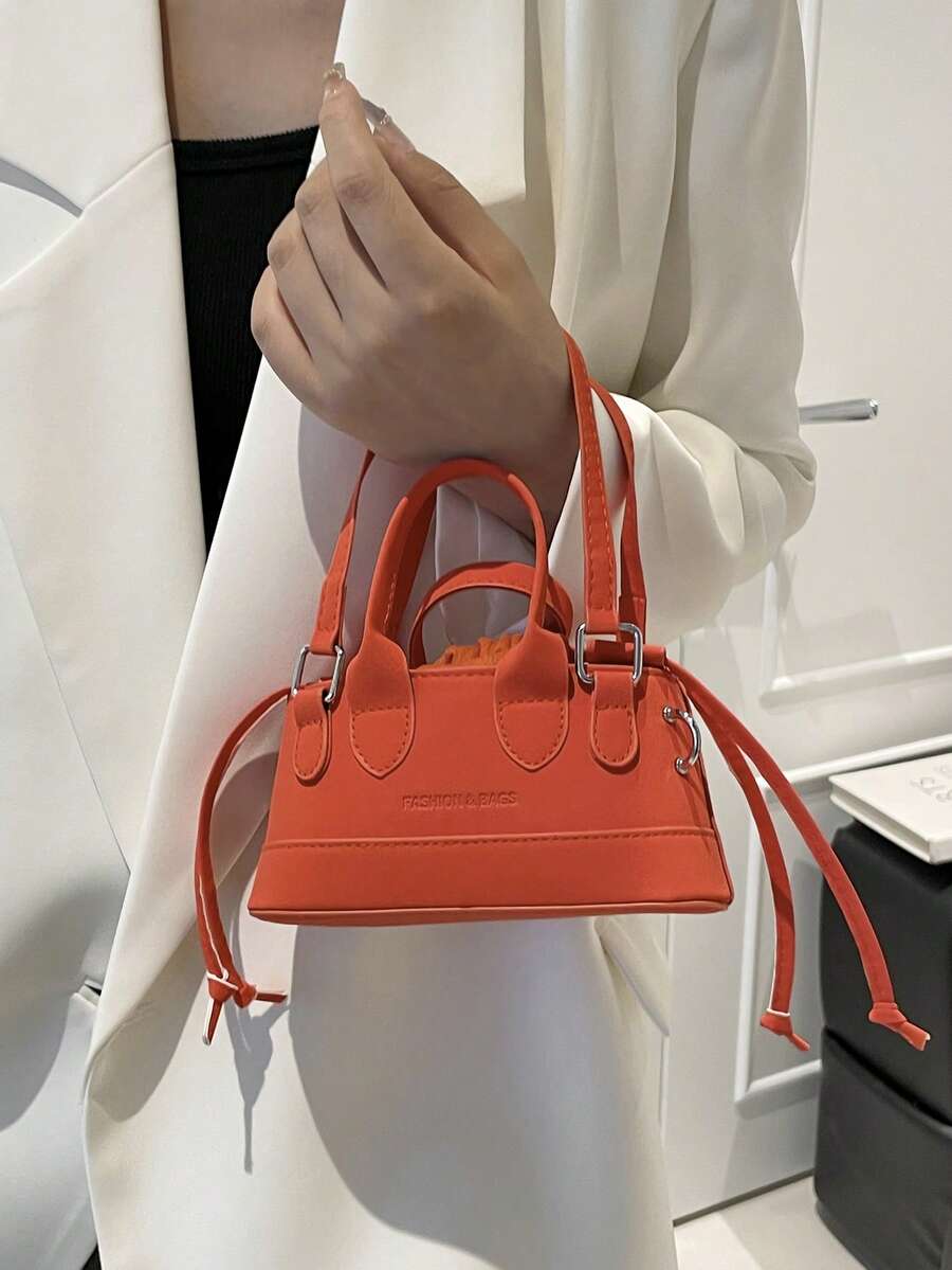 Fashionable Solid Color PU Drawstring Mini Handbag, Metallic Color Crossbody Shell Bag For Women - Orange - View 1