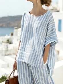 Plus Size Spring/Summer Casual Versatile Apricot Contrast Striped Round Neck Top With Asymmetric Side Slit Design, Pants With Spacious Pockets, Suitable For Ladies' Brunch, Summer Vacation And Other Occasions - Blue - View 5