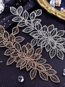 1pc Luxurious Handmade Rhinestone Leaf Shaped Bridal Headband, Wedding Hair Accessory Suitable For Party, Photography, Celebration,Summer,Beach,Elegant,Birthday - Multicolor - View 3