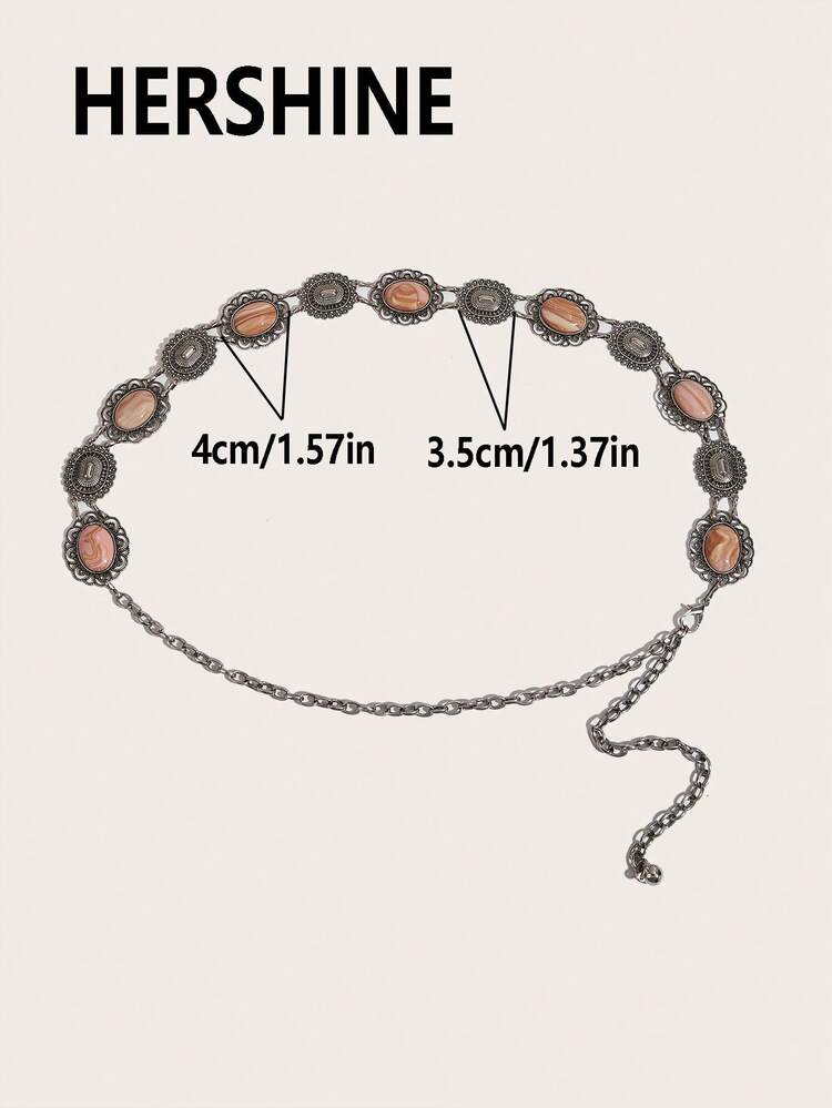1 pieza Cadena de cintura tallada vintage, cinturón decorado con rhinestones de estilo bohemio, accesorio versátil de cintura para combinar con vestidos, faldas, jeans, adecuado para uso diario, fiestas, vacaciones, eventos formales, accesorios de festival - Cadena para la cintura M1861 de plata con diseño ovalado - Añade 4