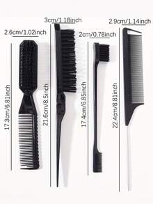 4pcs Styling Comb Set, Cleaning Brush, Rat-Tail Comb With Double-Ended Eyebrow Brush, Plastic Detangling Comb, Unisex, Hairstyling Tool Kit, Salon & Travel Essential - Multicolor - View 6