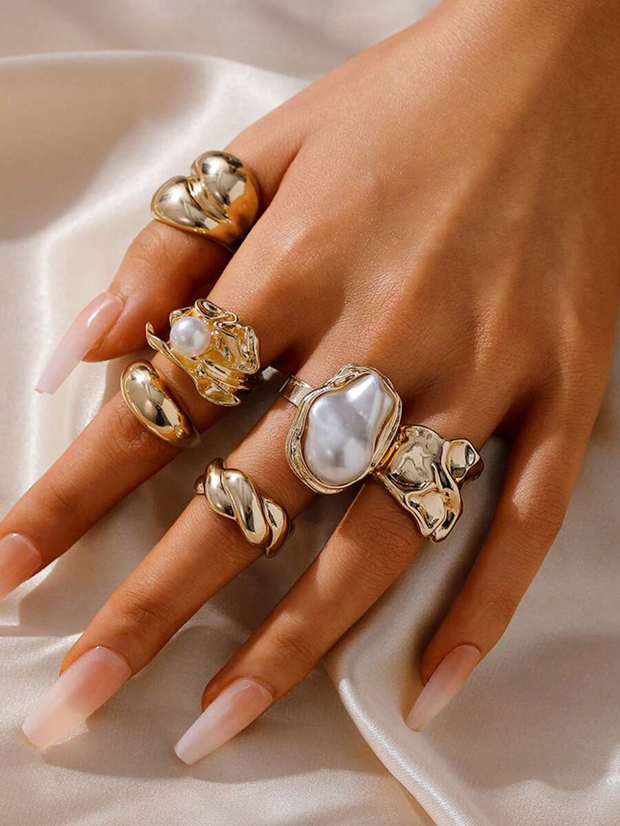 1 Set Of 6 Pcs Sweet & Cool Geometric Baroque Pearl Ring Set, Personalized Liquid Metal Smooth Geometric Ring Set - Gold - View 1